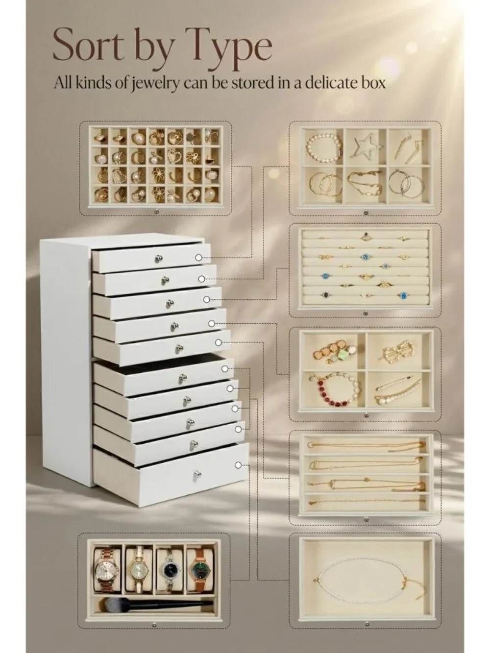 Elegant 10-Drawer Jewelry Organizer with Dustproof Faux Leather Finish